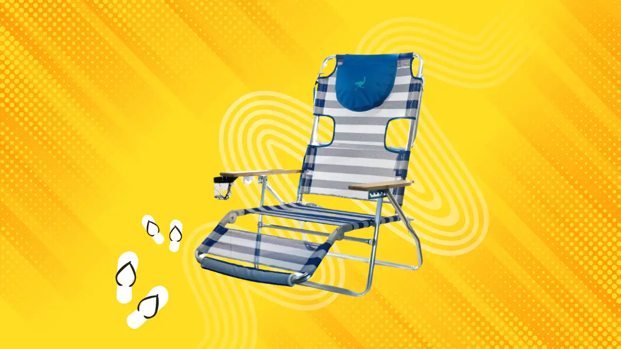 A comfortable beach chair with open/close face hole placed in a yellow background