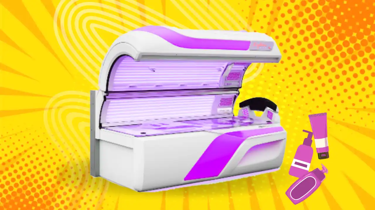 planet fitness tanning bed and lotions with a yellow background