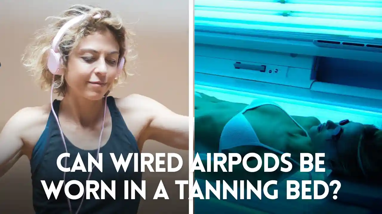 a woman is sitting wearing her wired AirPods and listening to music. Another woman lying on a tanning bed to get a tan.